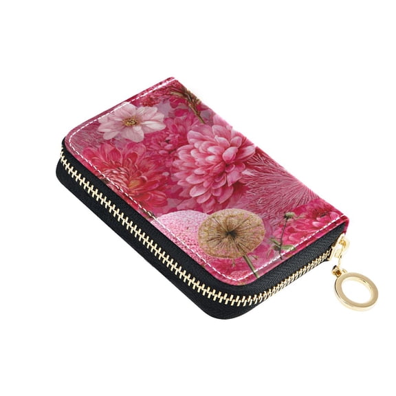 PU Leather Zipper Card Case Wallet Credit Card Holder with 9 Card Slots 4.7" x 3.1" Red Chrysanthemum and Dandelion