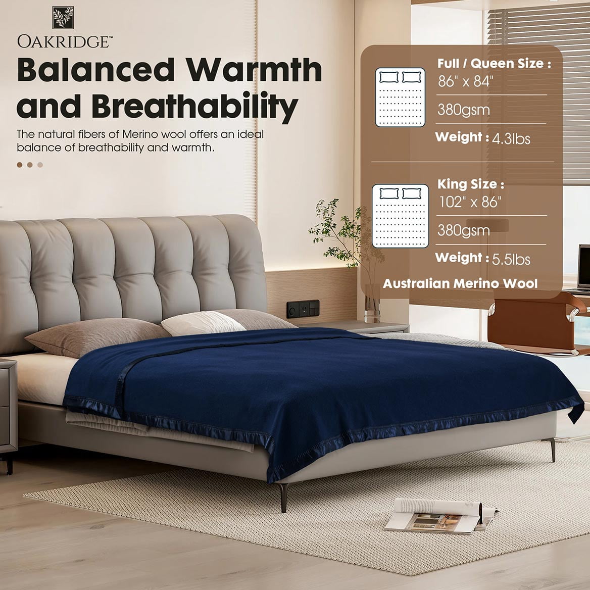 OakRidge Heirloom Merino Wool Blanket – 100% Australian Wool with Vintage Satin Edges – Breathable, Odor-Resistant, All-Season Bedding in Full/Queen Size – Navy Blue Cozy Throw for Home or Travel