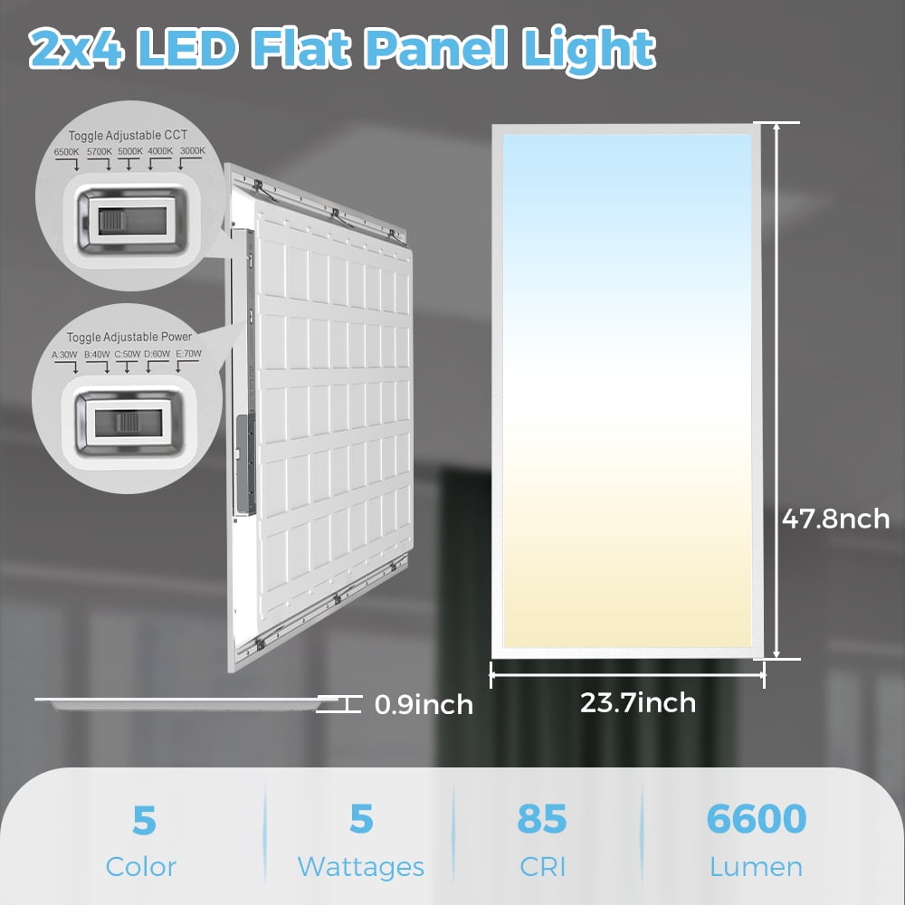 6 Pack 2x4 LED Flat Panel Light 5 Color Temperature 5 Power Adjustable 0-10V Dimming 7700 Lumens 120-277V Commercial Home Ceiling Light