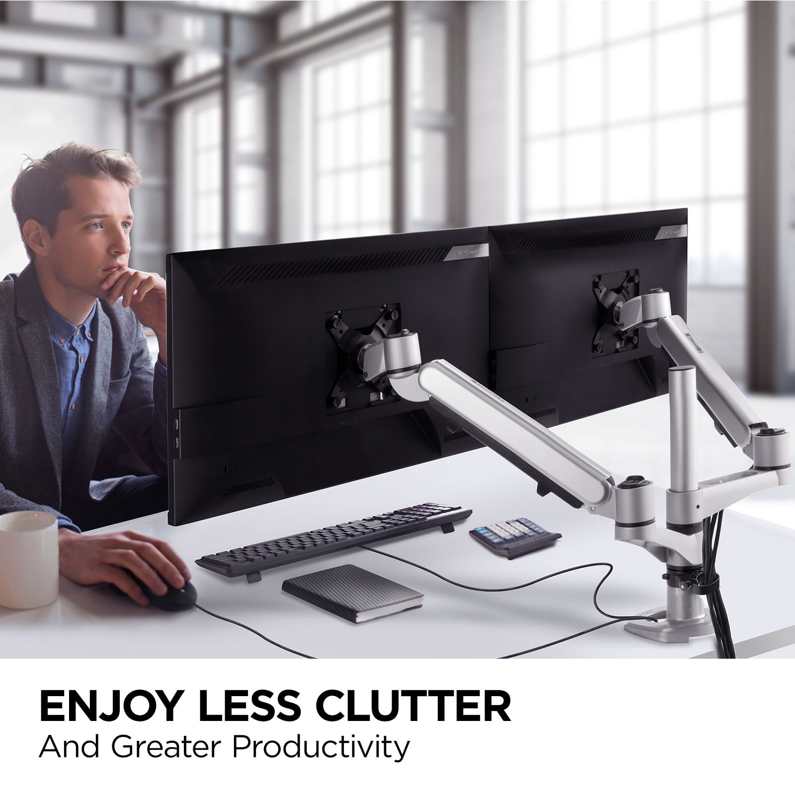 Spring-Loaded Dual Monitor Mounting Arm for Two Monitors up to 27 Inches Each VESA 75x75 and 100x100mm Compatible