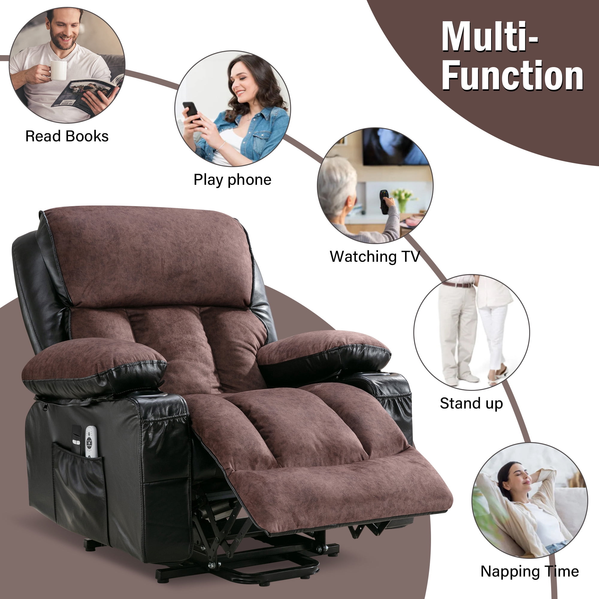 Segmart Massage Recliner Chairs with Remote Control, PU Leather Ergonomic Recliner Chair with Bread-Type Handrail & Padded Seat Backrest, Black & Brown