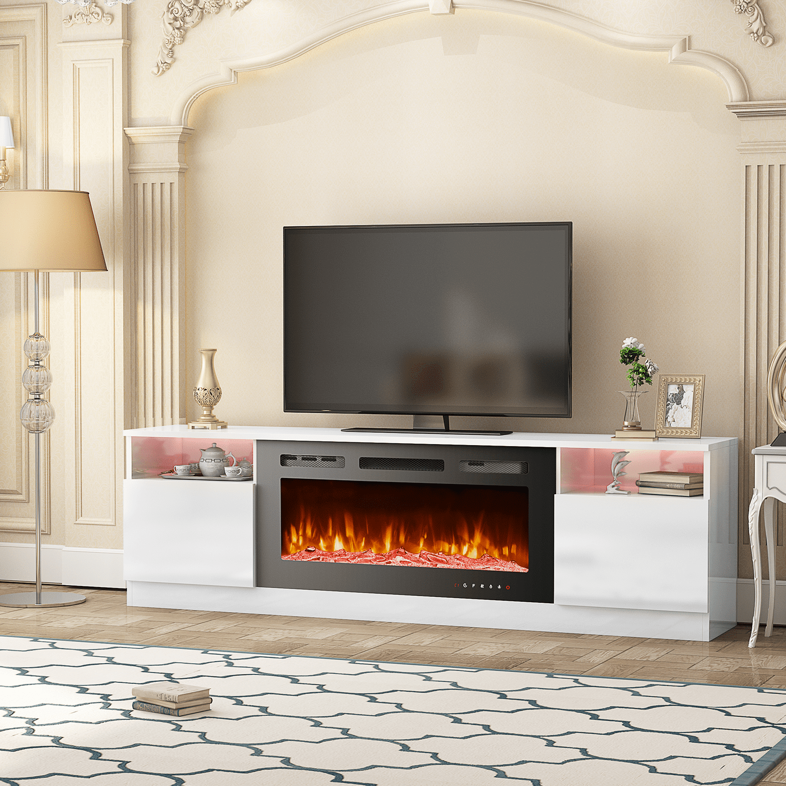 Hommow 70 Fireplace TV Stand with 36 Electric Fireplace Entertainment Center with 16 Color Led Lights TV Console for TVs up to 80 for Living