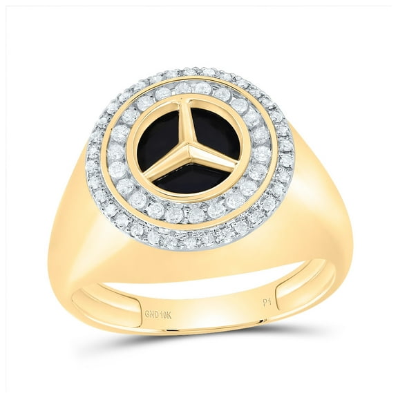 10kt Yellow Gold 1/3 Cttw Natural Diamond 10 Mm Round Onyx Black Mens Ring, Men Size: 8-12