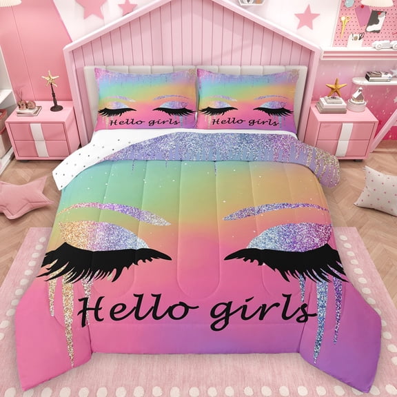 Castle Fairy Elegant Glitter Eyelash Bedding Comforter Set 2pcs for Teens Girls,Bling Makeup Twin Comforter Sets Microfiber,Abstract Gradient Breathable Bedding Set,Breathable Home Decor,Reversible