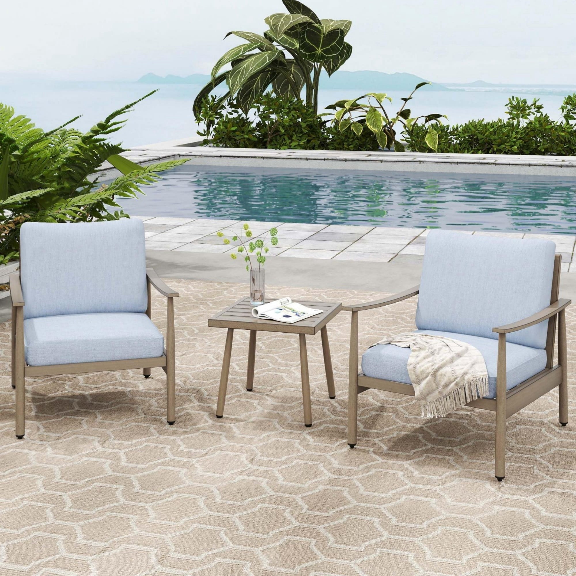 Patio Sofa Chairs Set of 2 Outdoor Aluminum Armchairs with Rope Backrest Thick Cushion Patio Seating for Porch Deck Garden Poolside, Blue