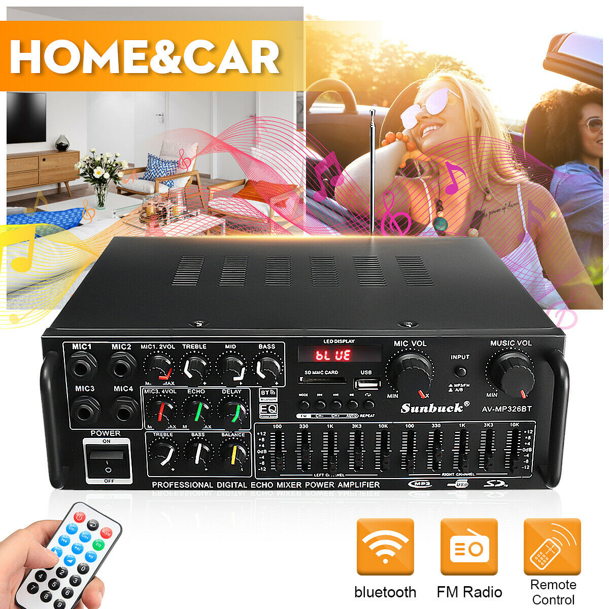 326BT 110V Bluetooth Power Amplifier Home Stereo 2Ch AMP FM Radio SD USB