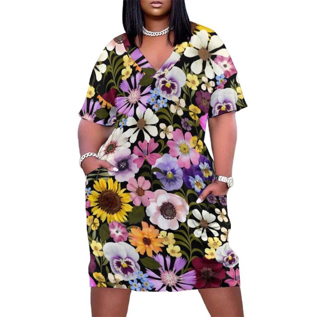 Vestido holgado con bolsillos para mujer ropa de playa con estampado floral color negro para fiesta en el jardín y primavera