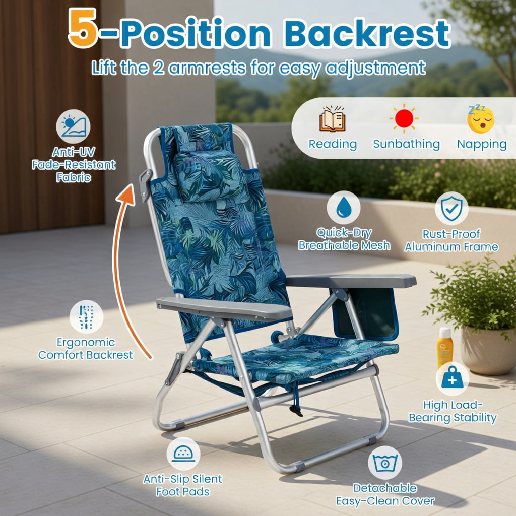 Hommoo 2-Pack Portable Beach Chairs with 5-Position Reclining Backrest, Padded Headrest & Insulated Cooler Bag, Peacock Blue