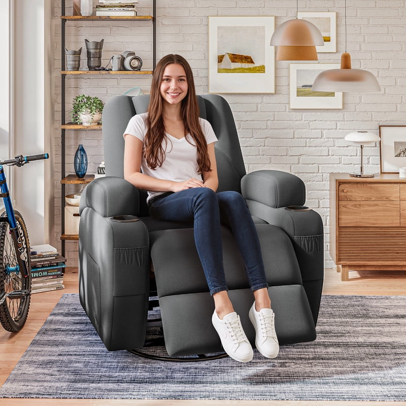 Vineego 360° Swivel Recliner Oversized Massage Rocking Chair Nursery Chair Power Living Room Furniture With Two Cup Holder,Gray