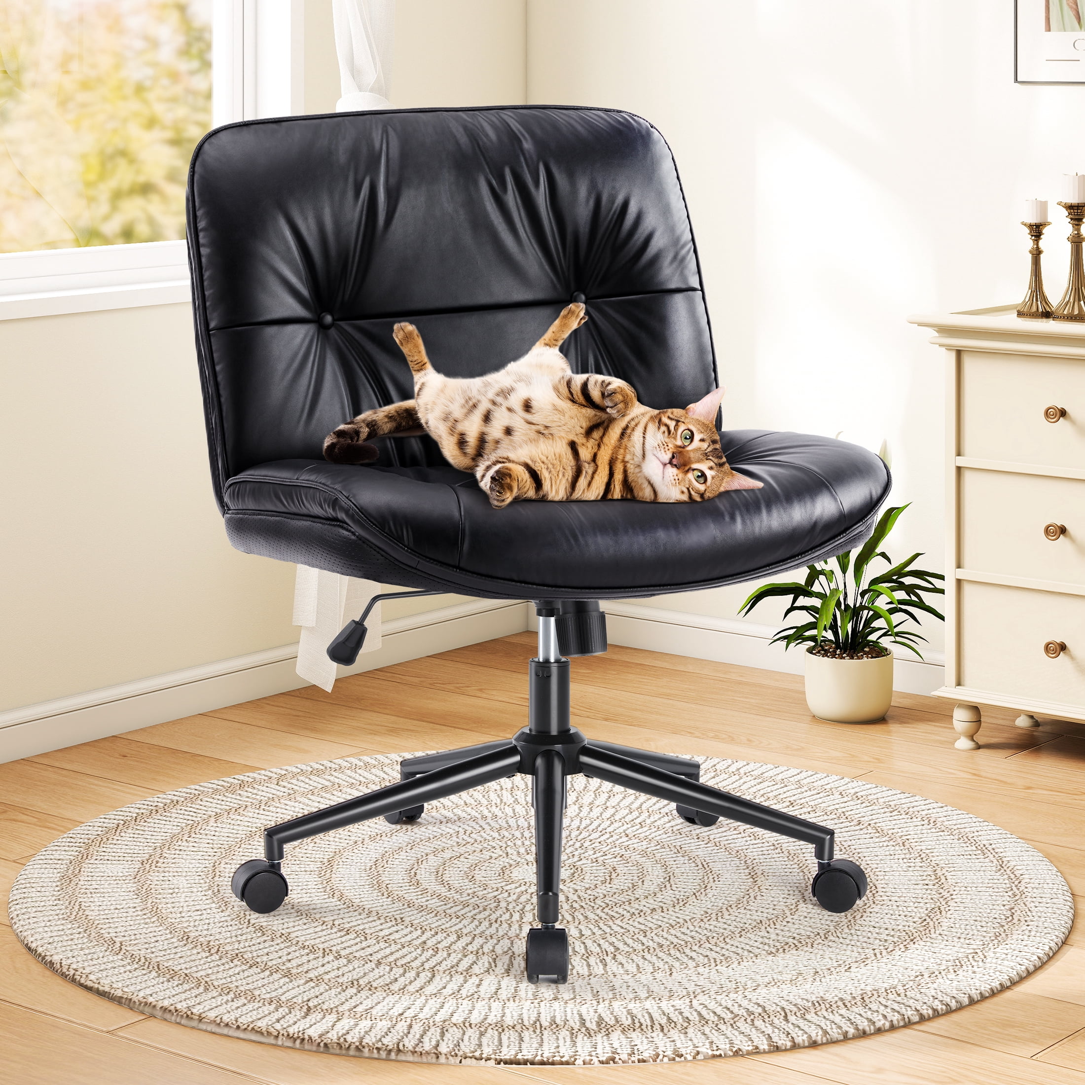 EDX Armless Office Chair with Wheels, Leather Upholstered Wide Seat Home Office Chair, 130° Rocking Mid Back Computer Chair, Perfect for Office, Bedroom, and Makeup, Black