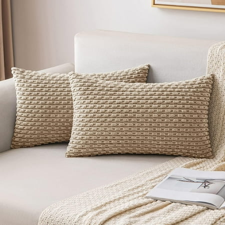 

MIULEE Throw Pillow Covers Soft Corduroy Decorative Set of 2 Boho Striped Pillow Covers Pillowcases Farmhouse Home Decor for Couch Bed Sofa Living Room 16x16 Inch Tan