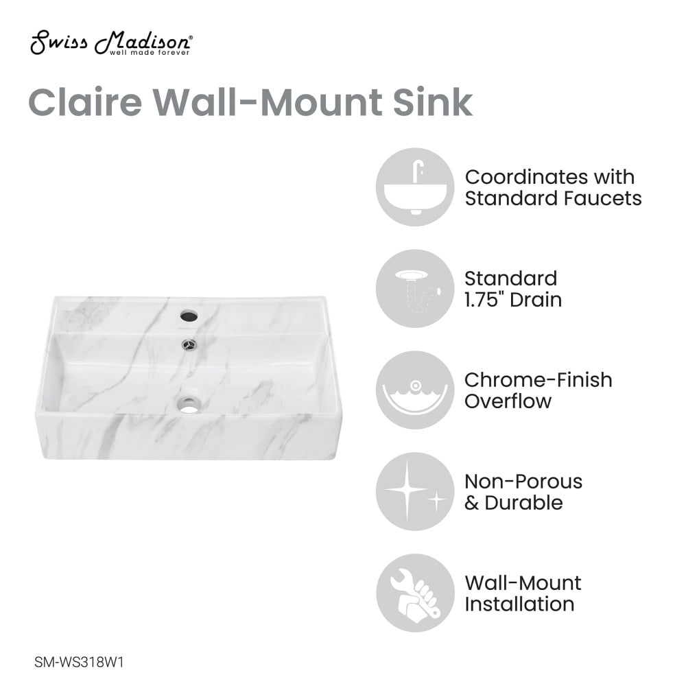 Claire 22" Rectangle Wall-Mount Bathroom Sink in White Marble