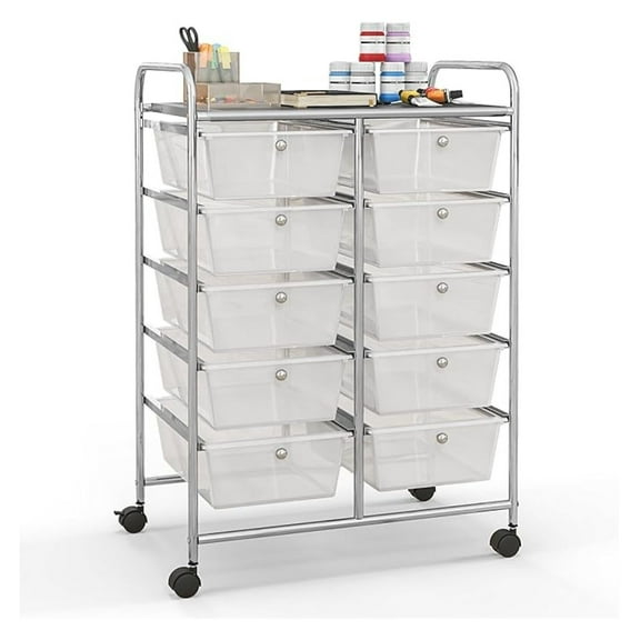 WDZS 10 Drawers Rolling Cart, Classroom Organizers, Storage Cart with Wheels, for Teacher Office Home School Supplies Tool Craft Art Paper, Clear White