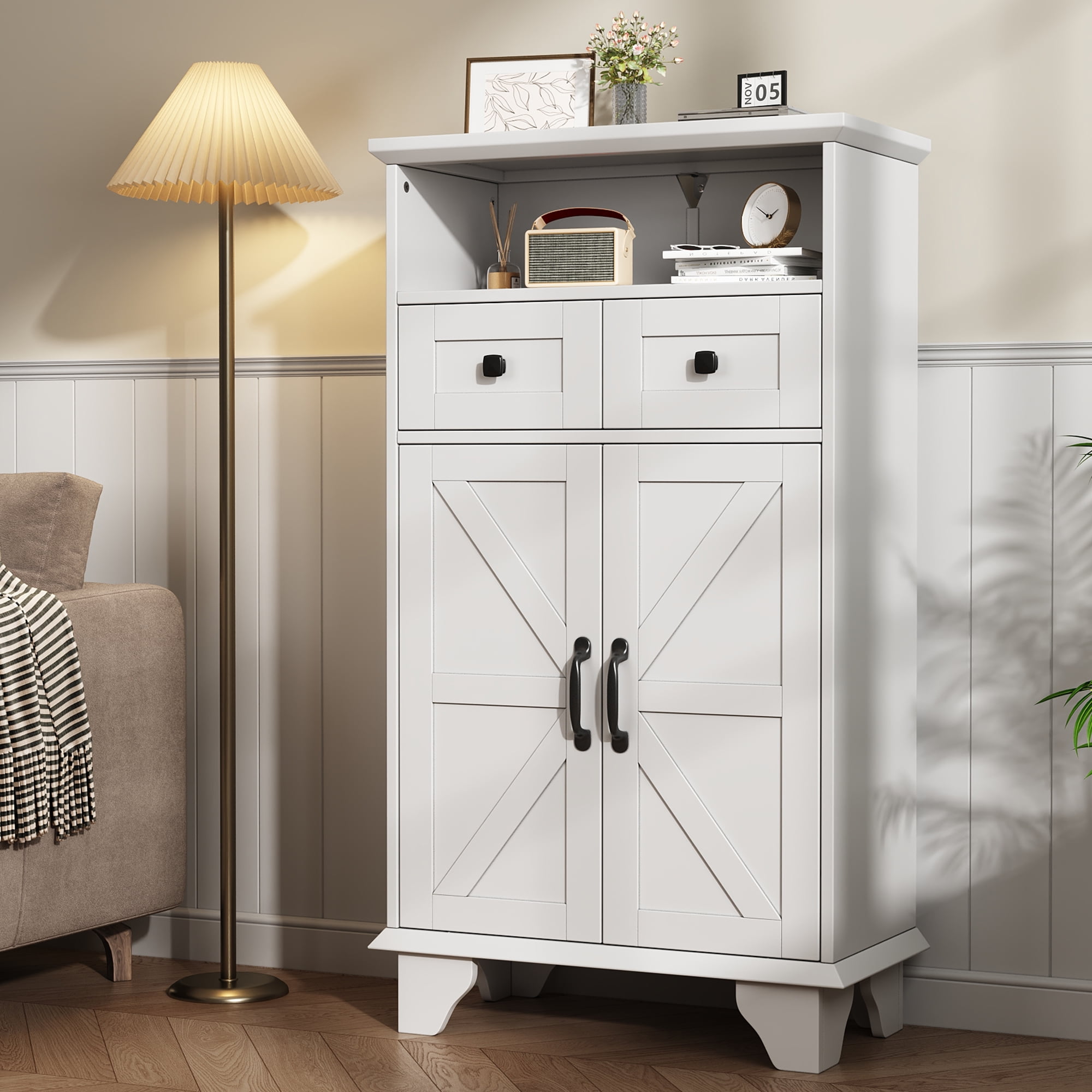 Farmhouse Bathroom Storage Cabinet, Freestanding Bathroom Floor Cabinet with Doors and Drawers, 41.3" H Bathroom Organizer with Adjustable Shelf, White