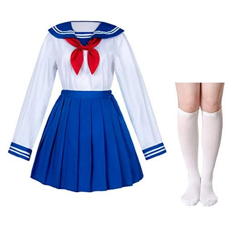 Japanese School Girls Sailor JK Uniform Bule Pleated Skirt Anime Cosplay Costumes with Socks Set(SSF31)