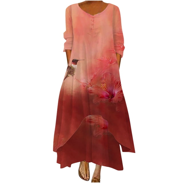 Moda casual mujer casual manga larga con cuello en v estampado floral vestidos largos irregulares vestido Pompotops ghjkhdj14432