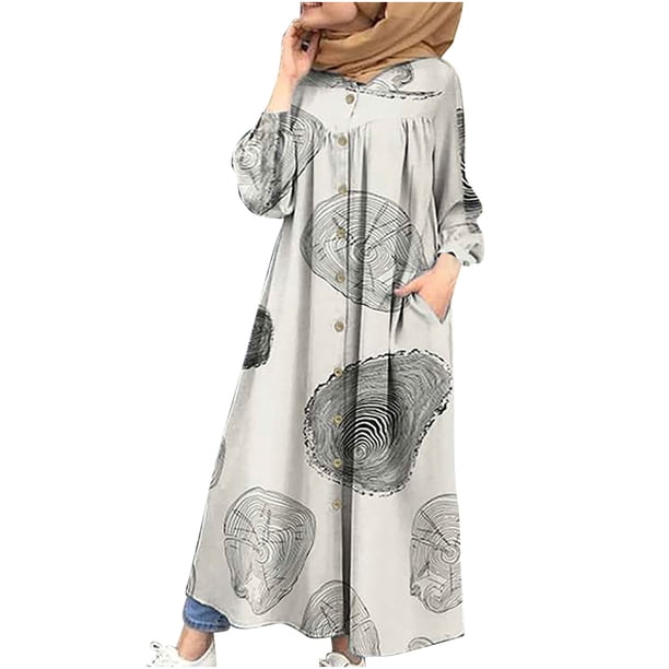 Vestido largo hasta los tobillos con estampado de lino y algodón de manga larga con cuello en V a la moda para mujer Fridja yut6317