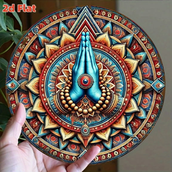 HELLOYOUNG Tibetan Prayer Wheel Metal Sign - Mandala Design Wall Art for Indoor/Outdoor Meditation Space, Vibrant Spiritual Gift