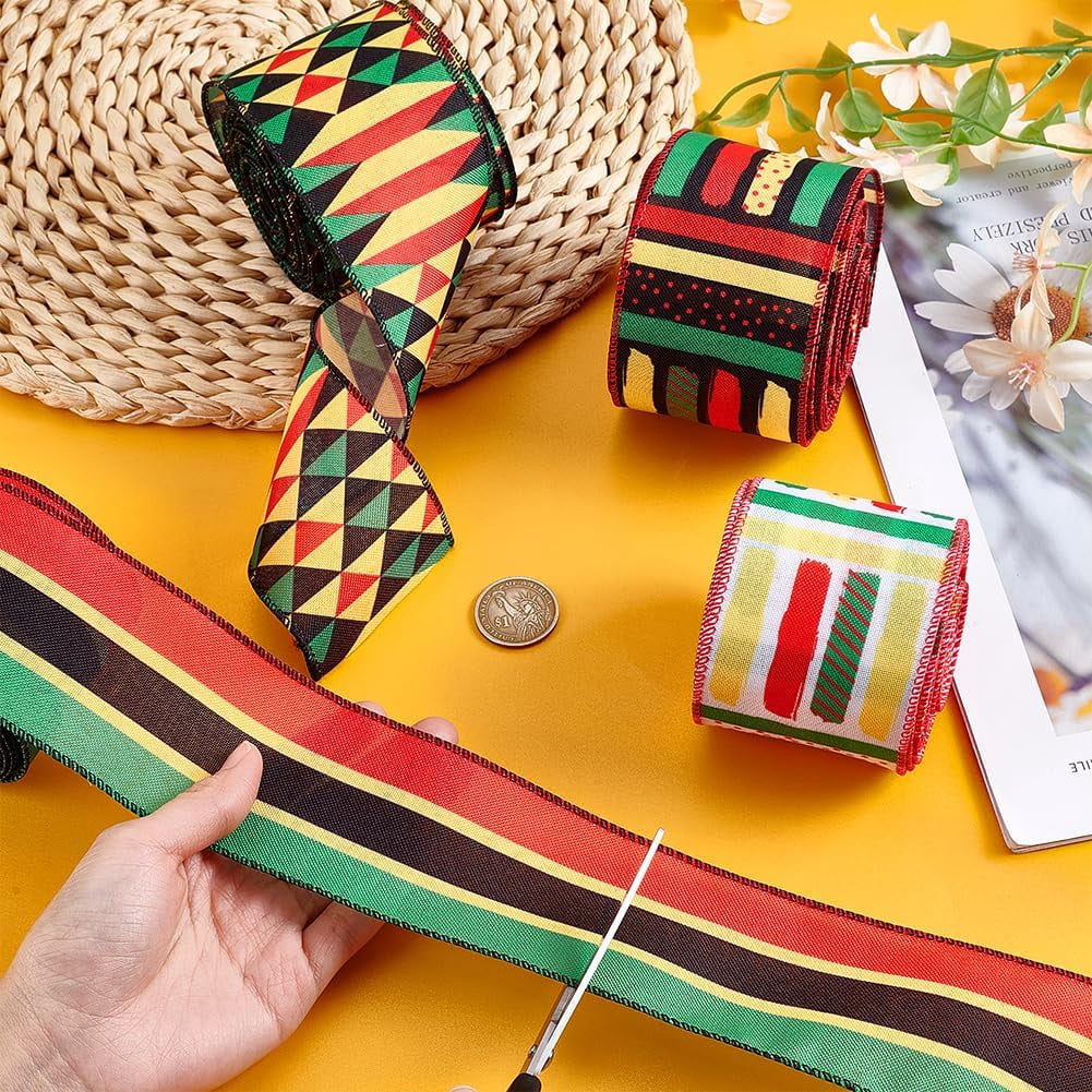 PH 20 Yards 4 Styles Kwanzaa Ribbon Black History Ribbon African American Kwanzaa Wreath Bows for Front Door Kwanzaa Party Decor Indoor Outdoor Wall Tree Topper Ornament 64mm Multi-color
