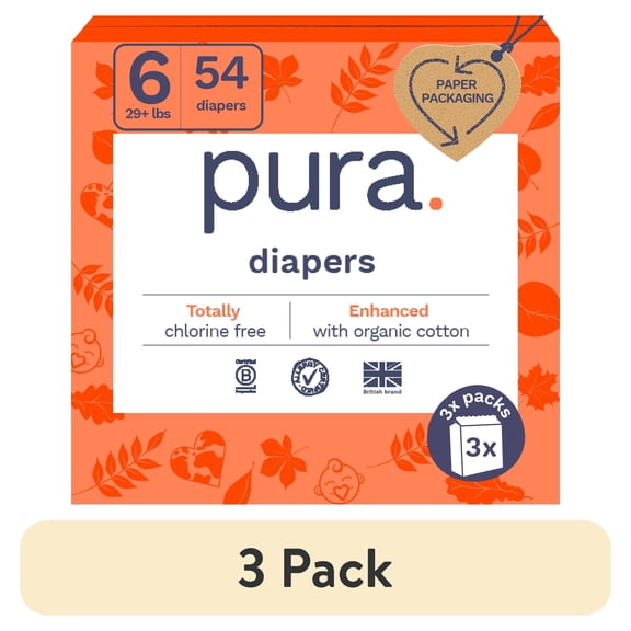 (3 pack) Pura Sensitive Soft Sustainable Baby Diapers Size 6, 54 Count (Choose Your Size and Count)
