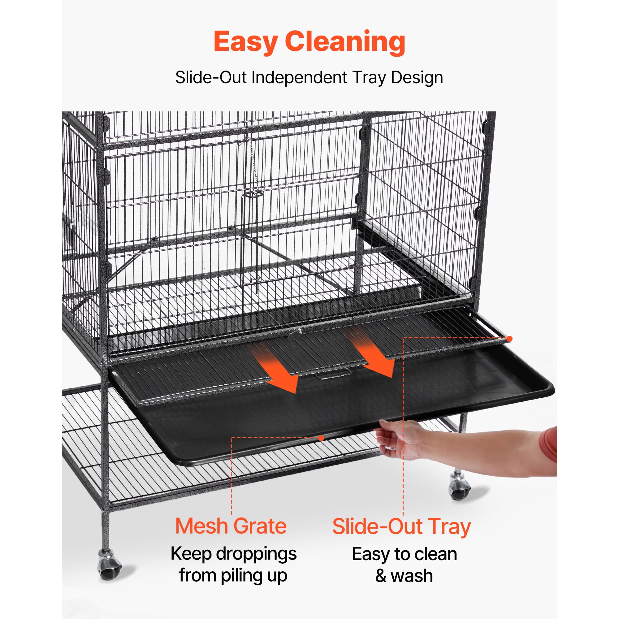 Bird Cage, 31.5 x 20.5 x 52 inch, Flat Top, Wrought Iron Bird Flight Cage with Perches, Slide-Out Tray and Plastic Feeders, Casters, for Parrot, Blue Tit, Cockatiel, Canary, and Monk Parakeet