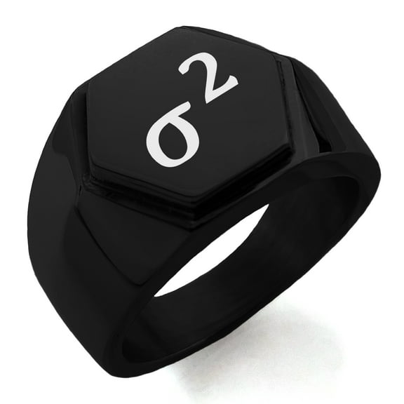Stainless Steel Variance Mathematical Engraved Hexagon Crest Flat Top Biker Style Polished Ring