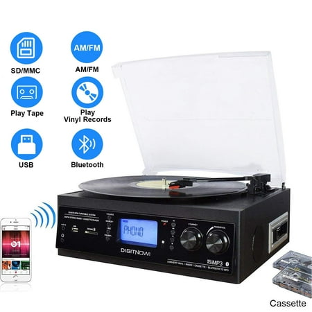 DIGITNOW! Bluetooth Record Player with Stereo Speakers, Turntable for Vinyl to MP3 with Cassette Play, AM/FM Radio, Remote Control, USB/SD Encoding,3.5mm Music Output