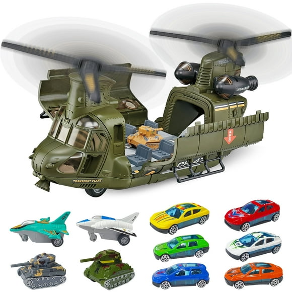 Fistone Ensemble de Jouets d'Hélicoptère Militaire avec Lumière, Son, Avion, Char et 6 Voitures, Jouets d'Armée Cadeaux de Noël et d'Anniversaire pour Enfants