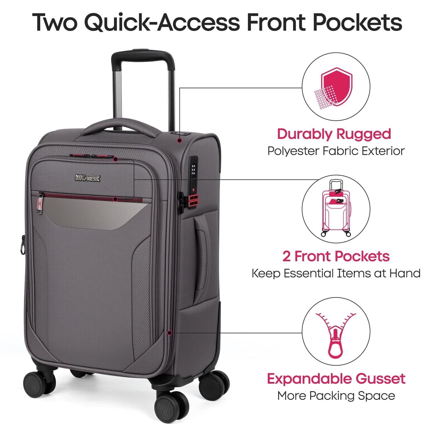 New York Xpress 2-Piece Softside Expandable Spinner Luggage Set, 22" Carry-on and 32" Checked with TSA Lock, Grey - WD8817