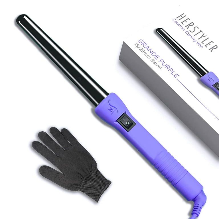 Herstyler Grande Curls Purple Tourmaline Curling Iron Tapered Ceramic Curling Wand Dual Voltage 3 4 1 Inch
