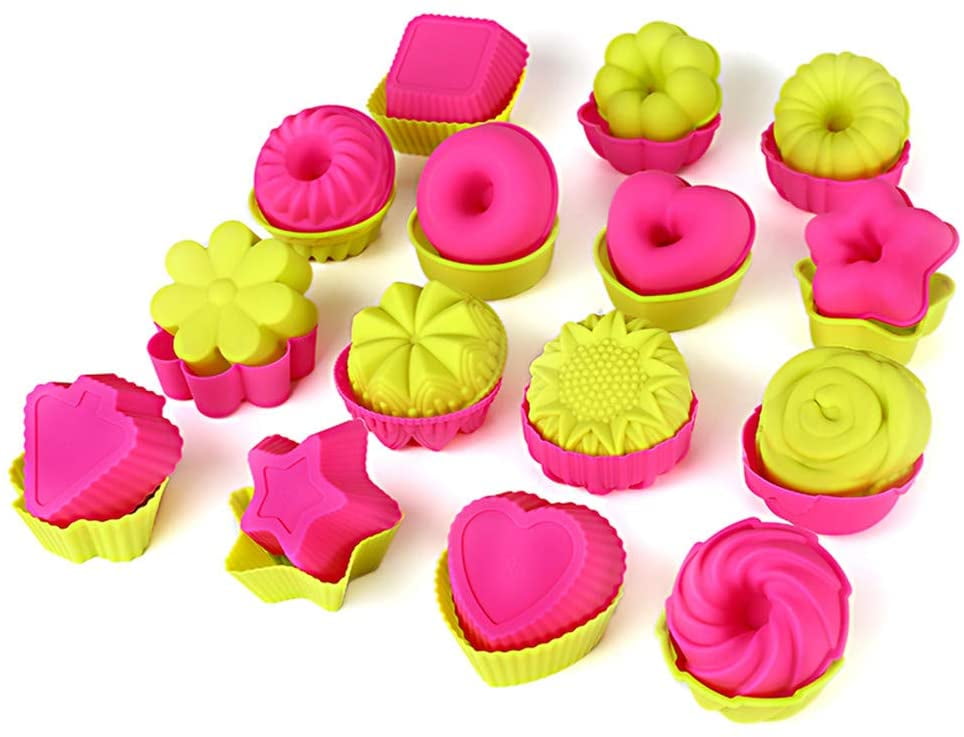 Round Reusable Cupcake Liners Donut Pans,Non-stick Baking Cups 6 Shapes,Heart Pumpkin LetGoShop Silicone Molds for Muffin Spiral 24pcs colorful Flower Stars 