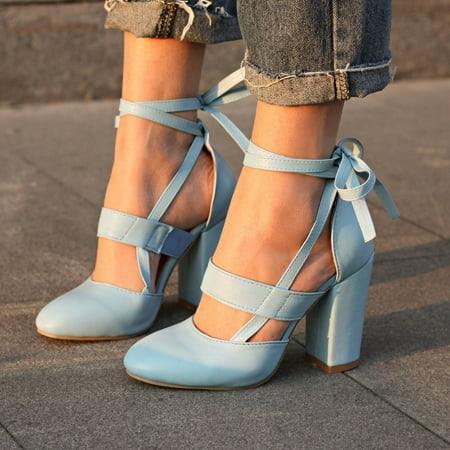 

SBYOJLPB Women s Banquet Professional Cute Anklet Strap Chunky Heel High Heel Sandals Blue 9(42)