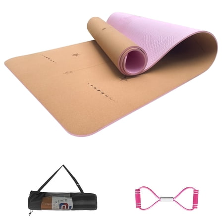 Cork Yoga Mat 6mm (1/4 inch) Thick 72x24 in, Sweatproof NonSlip Eco-friendly, Lightweight TPE foam with Alignment Lines, Gym and Exercise, Black Carrying Bag w. Strap Included