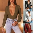 thumbnail image 5 of Women Vintage Puff Long Sleeve Bodysuit Sexy Plunge Deep V-Neck Solid Color Leotard Bodycon High Cut One-Piece Jumpsuit, 5 of 19
