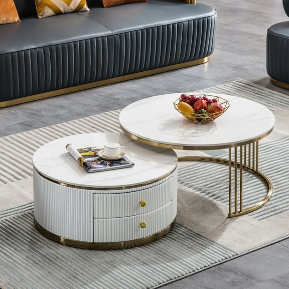 Round Nesting Coffee Table Set of 2, 31.5" Faux Marble Tea Table with 2 Drawers for Living Room, Office
