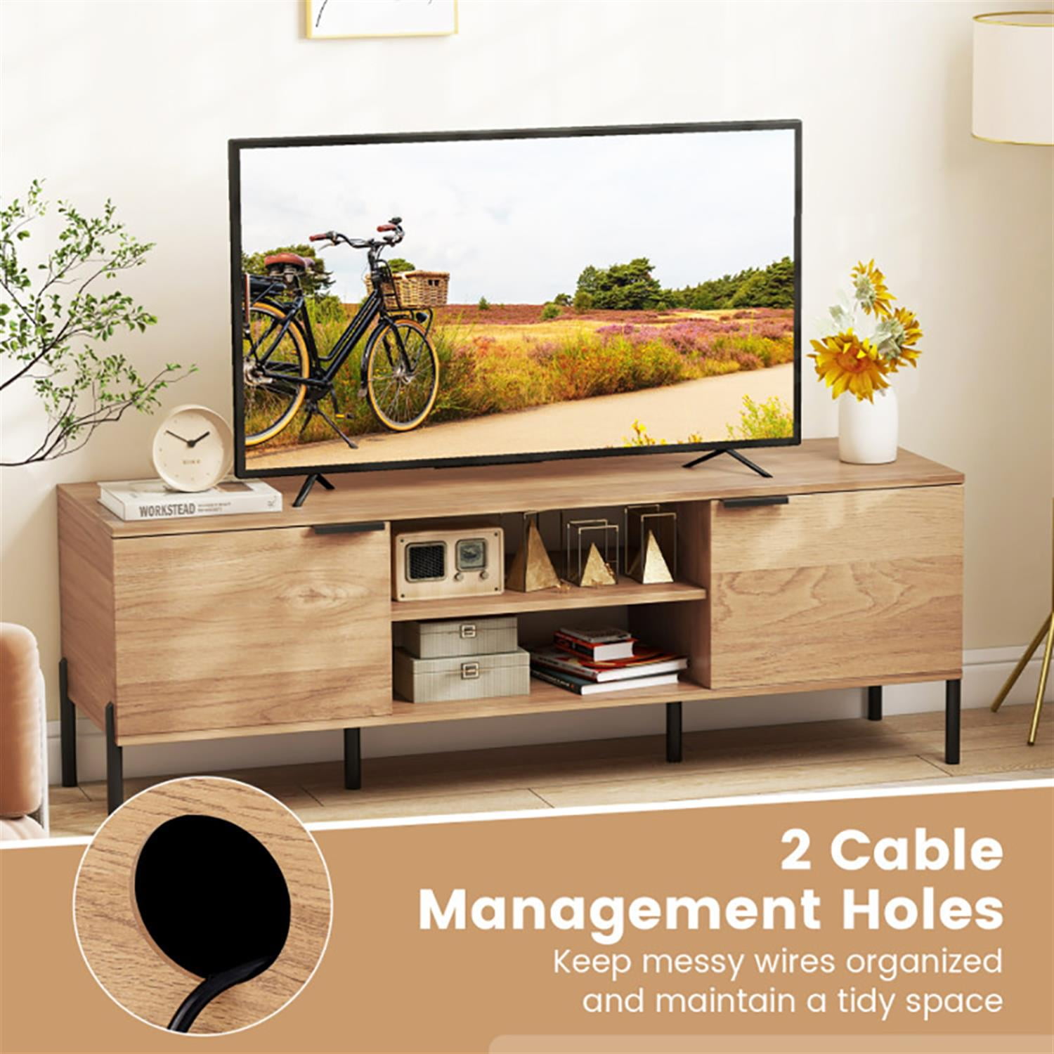 Demi Bonn 2-Door TV Stand for 65" TVs, Entertainment Center with Charging Station and Open Shelves, Modern Media TV Console Table for Living Room Bedroom, Brown