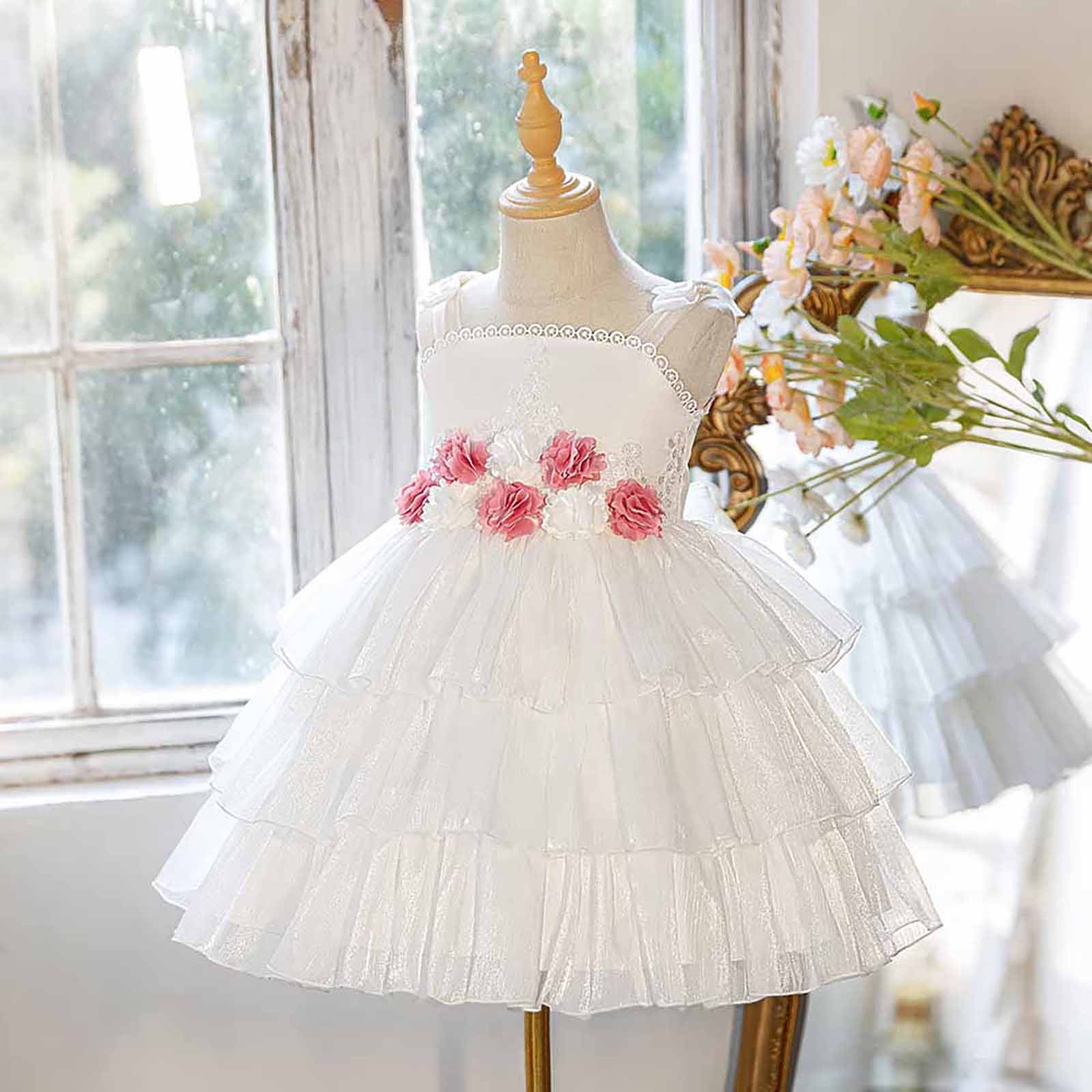 Wdgfv Girls Summer Dress Casual Tiered 3D Floral Applique Party Gown for Toddler Kids Outdoor Play and White 4-5 Years