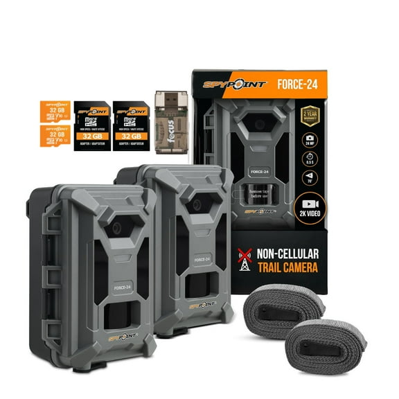 Spypoint Force-24 Trail Camera 24MP 2K Video Sound Recording 0.5s Trigger Speed 70ft Detection (Twin Pack) Bundle with 32GB Memory Card and Card Reader (7 Items)