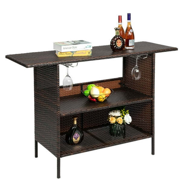 Outdoor Rattan Bar Counter Table Patio Pe Wicker With 2 Storage Shelves Outdoor Rattan Bar Counter Table Patio, Hanging Patio Bar Table