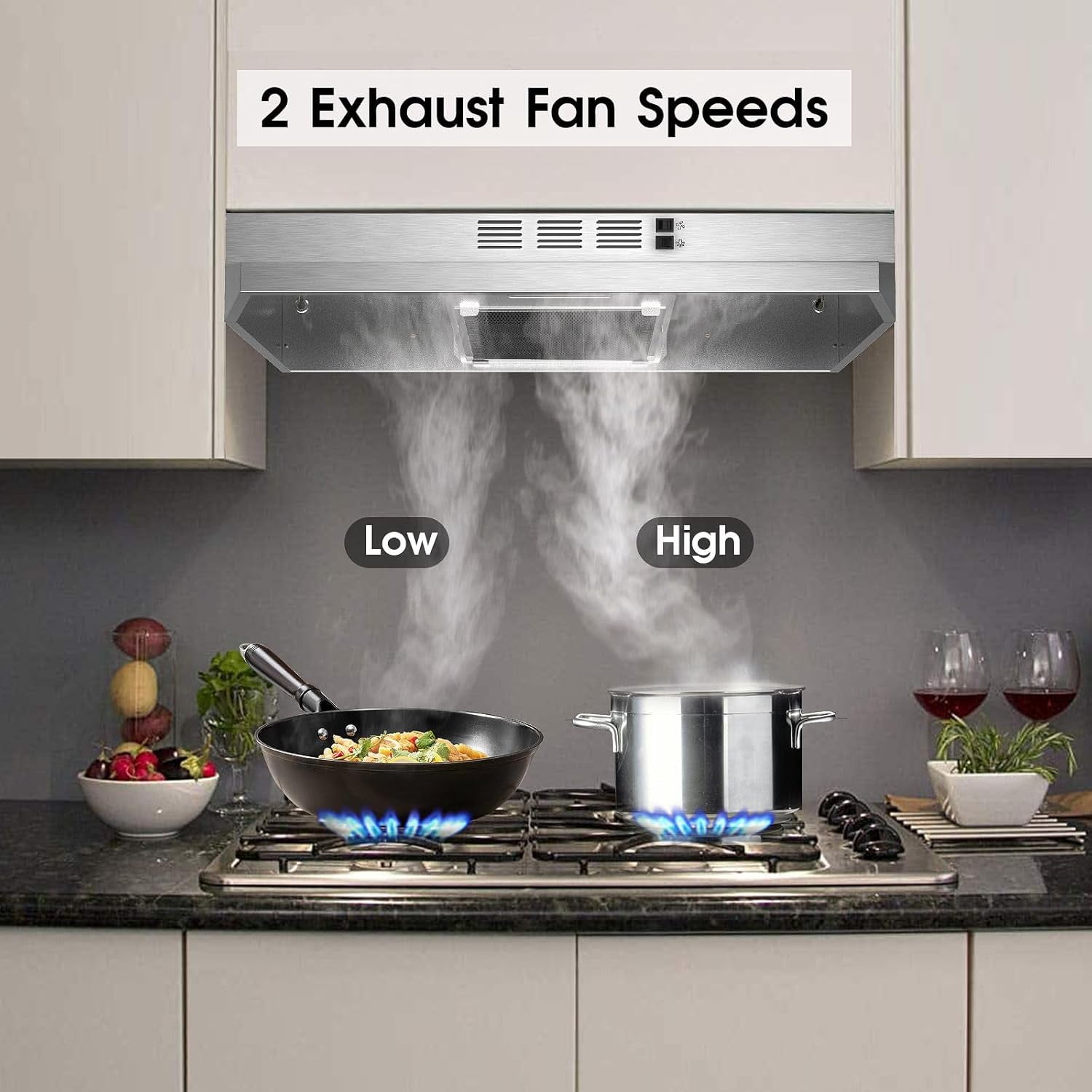 30 inch Range Hood Under Cabinet, Stainless Steel Kitchen Vent Hood 280CFM, Built-in Kitchen Stove Hood w/Rocker Button Control, Ducted/Ductless Convertible Duct, 2 Speeds Fan, Bright LED Light