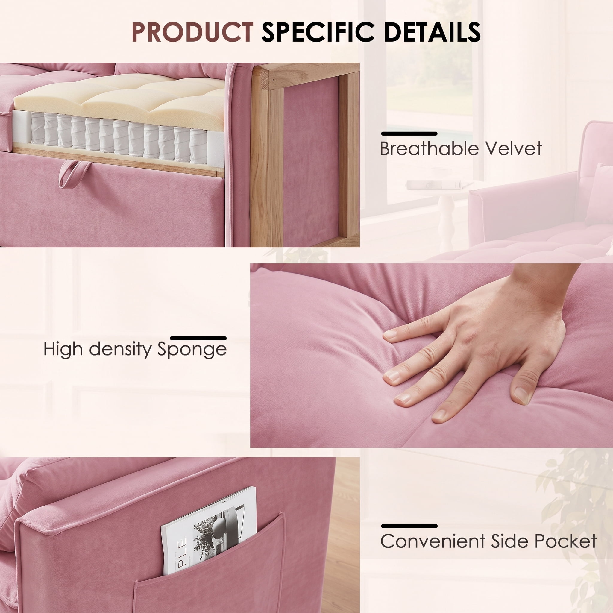 avobird 3 in 1 Convertible Sleeper Futon Sofa Bed, 55" Pull Out Sofa Bed with Storage Pocket/Side Pocket/2 Pillows for Living Room, Pink