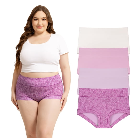 OEIOEI Women's Plus Size Cotton Boyshort Underwear High Waisted 2XL-6XL 4 Pack(4XL,Violet)