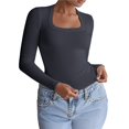 thumbnail image 1 of Camisetas de Larga para Mujer, Blusas de Cuello Cuadrado, Blusas de Punto Acanalado para Adolescentes, Blusas , Ropa de Moda de Otoño Gris Oscuro M, 1 of 9