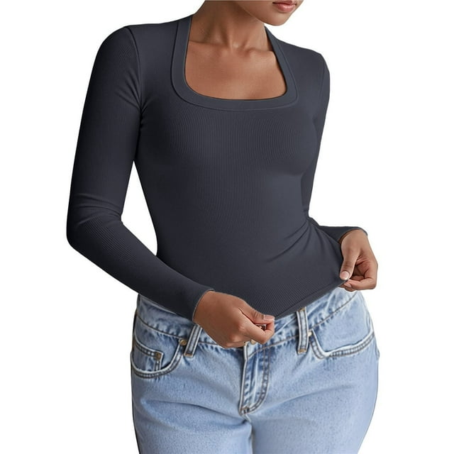 Camisetas de Larga para Mujer, Blusas de Cuello Cuadrado, Blusas de Punto Acanalado para Adolescentes, Blusas , Ropa de Moda de Otoño Gris Oscuro M