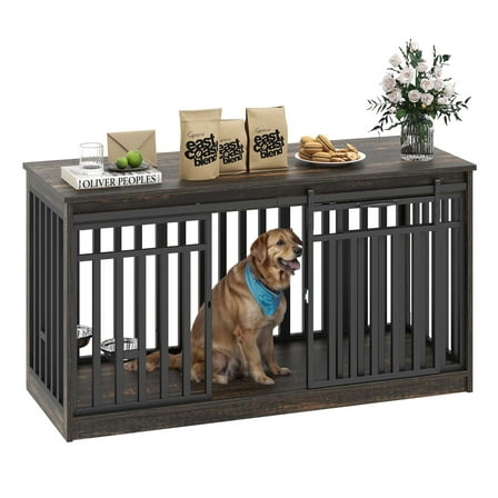Uforic 55'' W Double Dog Crate Furniture With Sliding Barn Doors & Bowl,Indoor Furniture Style Wooden Large Dog Kennel