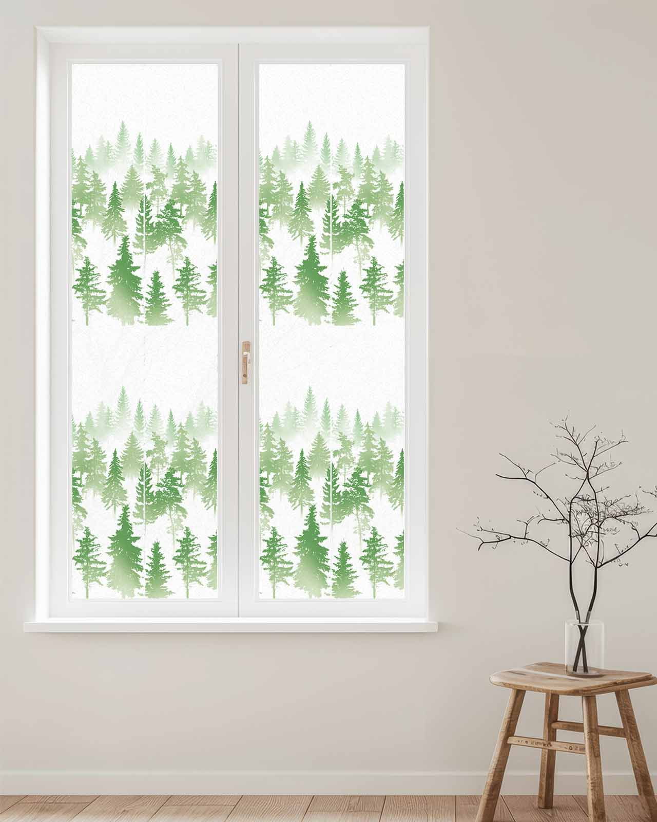 Window Privacy Film, Green Forest UV Sun Blocking Window Tint Film Heat Control One Way Blackout Window Film, Modern Abstract Silhouette Art Non Adhesive Static Cling Window Sticker 29.5x118 In