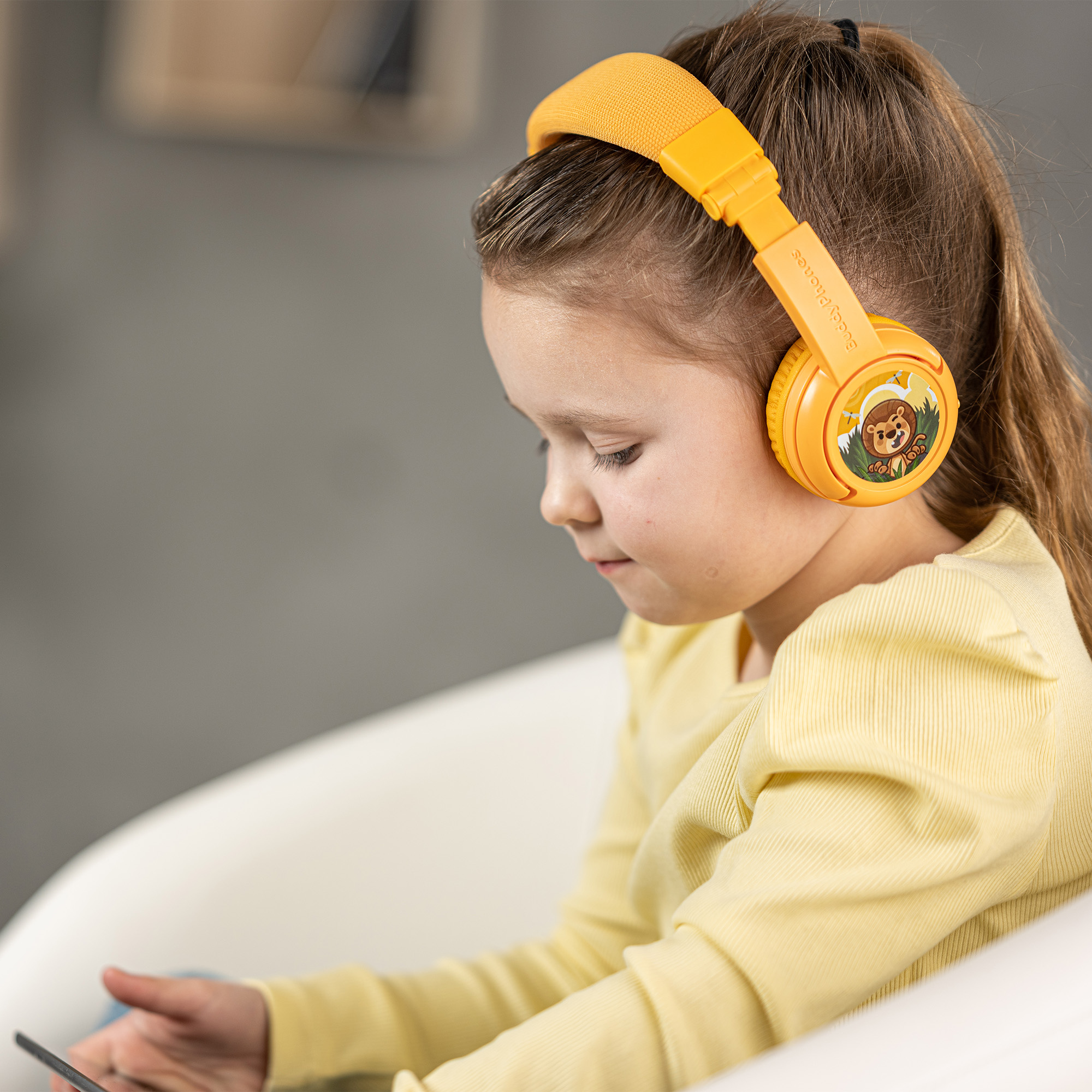 BuddyPhones Play+, On-Ear Bluetooth Wireless or Wired Foldable Kids Headphones with Mic, 3 Volume Limiting Settings, Voice Enhance StudyMode, 20-Hours Battery, Customizable Stickers, Sun Yellow
