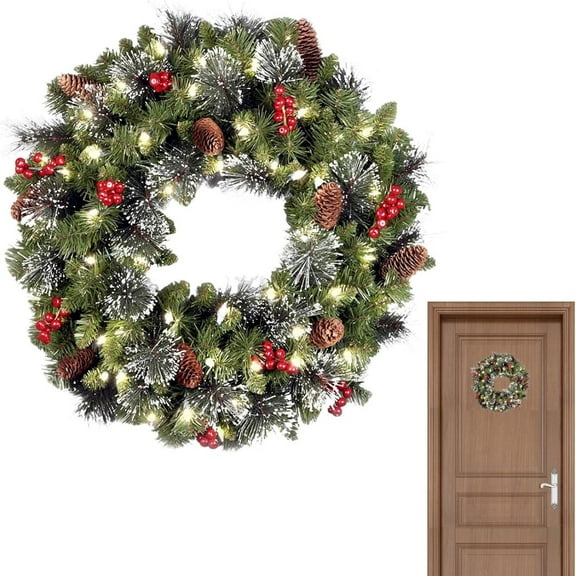 Christmas Wreath Christmas Wreath With Lights Pre Lit Artificial Frosted Needle Winter Wreaths Front Door Decorations | Light Up Winter Garlands For Door Wall Mantel Holiday Decor