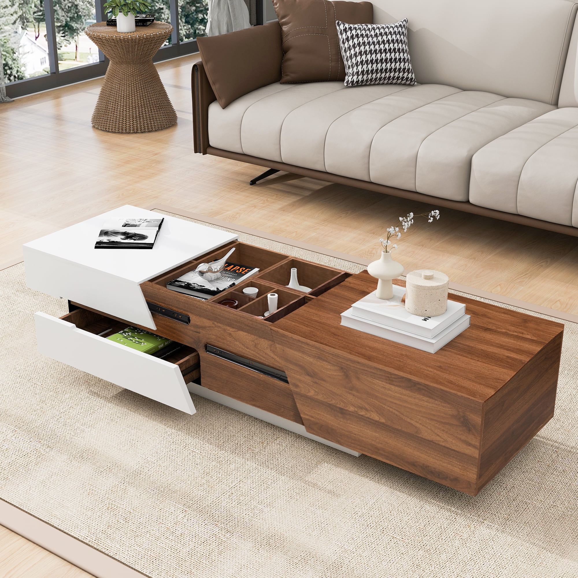 Euroco Modern Coffee Table with Extendable Sliding Top, Hidden Storage, Dual-Tone White and Walnut Finish, MDF Construction for Living Room