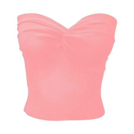 DVKOVI Women s Summer Blouses Elegant Strapless Solid Color Knit Top for Women Stretchable Tube Bandeau Bra Crop Tops for Casual Party Wear Pink S